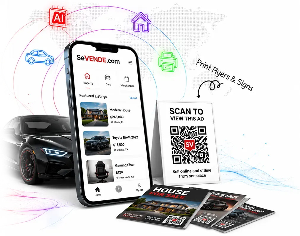SeVENDE.com app mockup showing property, cars and merchandise listings with QR sign and printed brochure